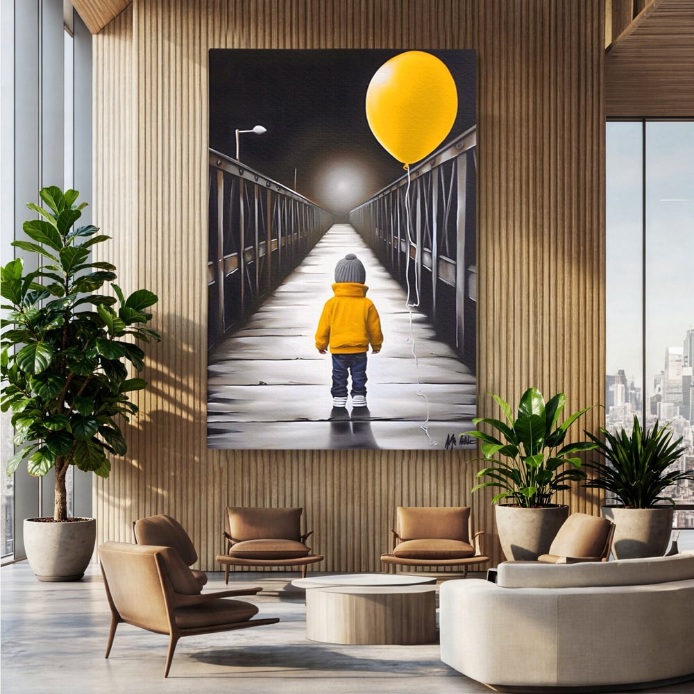 Tablou canvas cu tablou canvas cu un copil si balon galben pe pod, fara rama, pe sasiu de lemn, pe perete intr-un birou